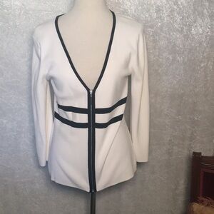 Spense Cardigan in Cream Knit Zip Up, 3/4 length sleeve, black trim size M
